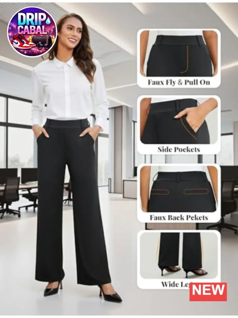 Wide Leg Dress Pants High Waist Stretchy Polyester Blend Work Slacks with